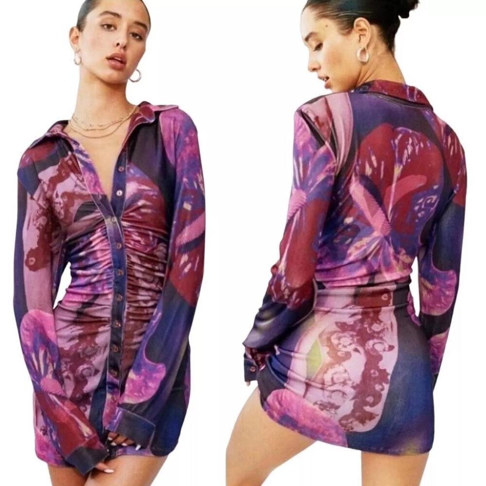 With Jean With x Lord Newry Andy Mini Dress Ruched flower lady Purple SizE XS